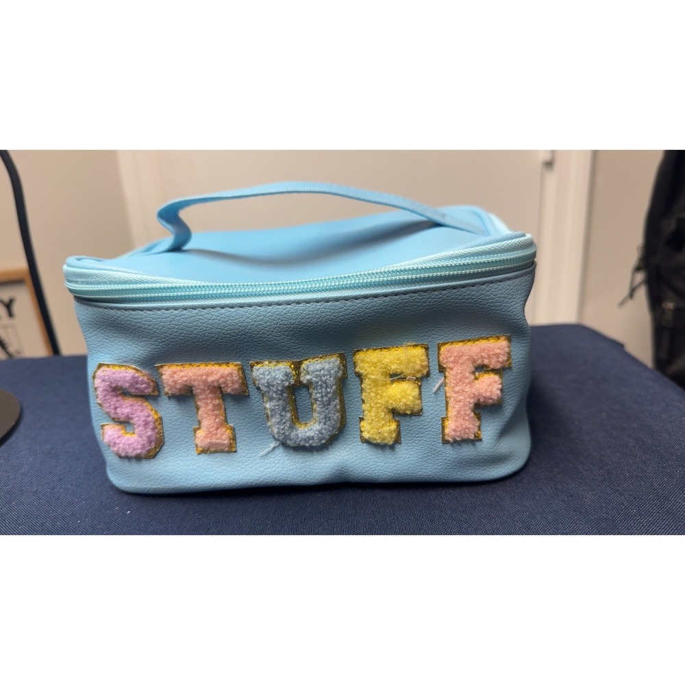 Blue STUFF Chenille Patch Cosmetic Bag‎ Faux Leather Makeup Vanity Case